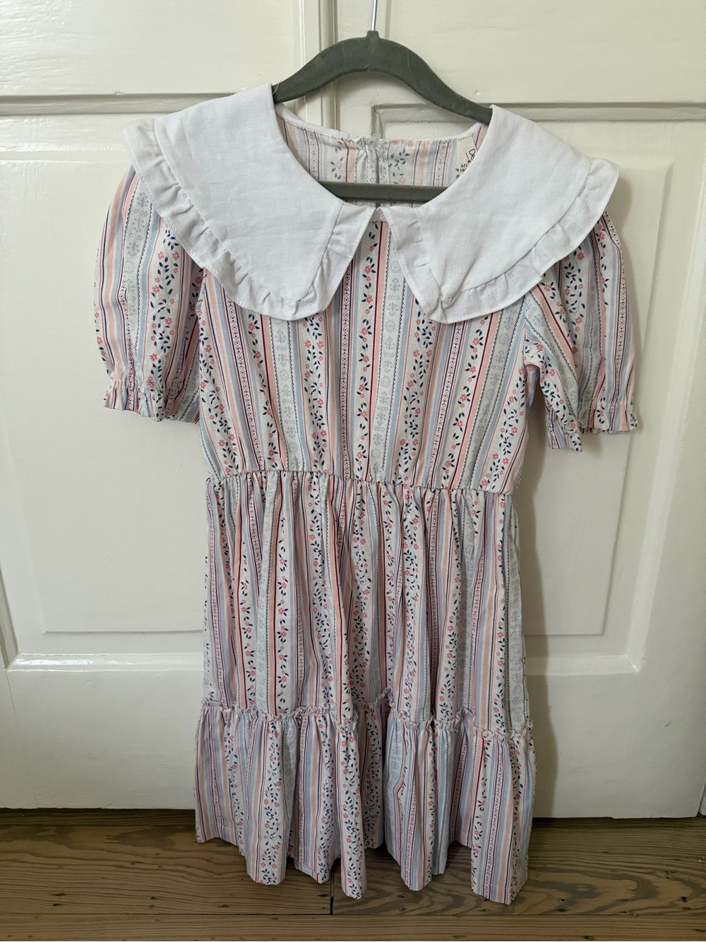 Girls Pink Stripe Floral Tiered Dress with White Peter Pan Collar